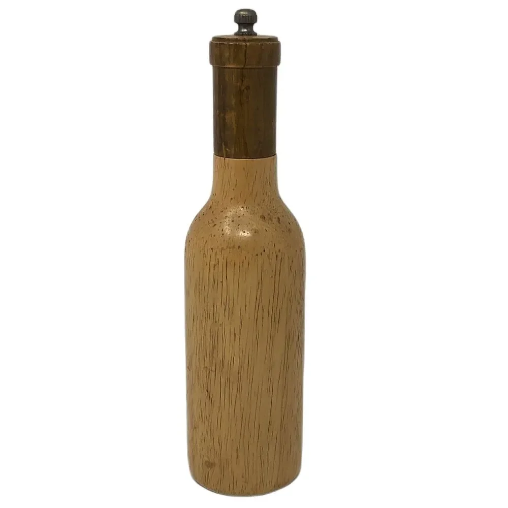 Wood Pepper Mill Grinder Vintage 70s Hand Crafted 2-Tone Engraved Bottle Shape
